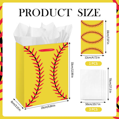 Large Softball Party Gift Bag with Tissue Paper and Greeting Card for Girls Women Birthdays Party Favor Sport Birthday Goodie Bag Team Gifts Sports Celebrations