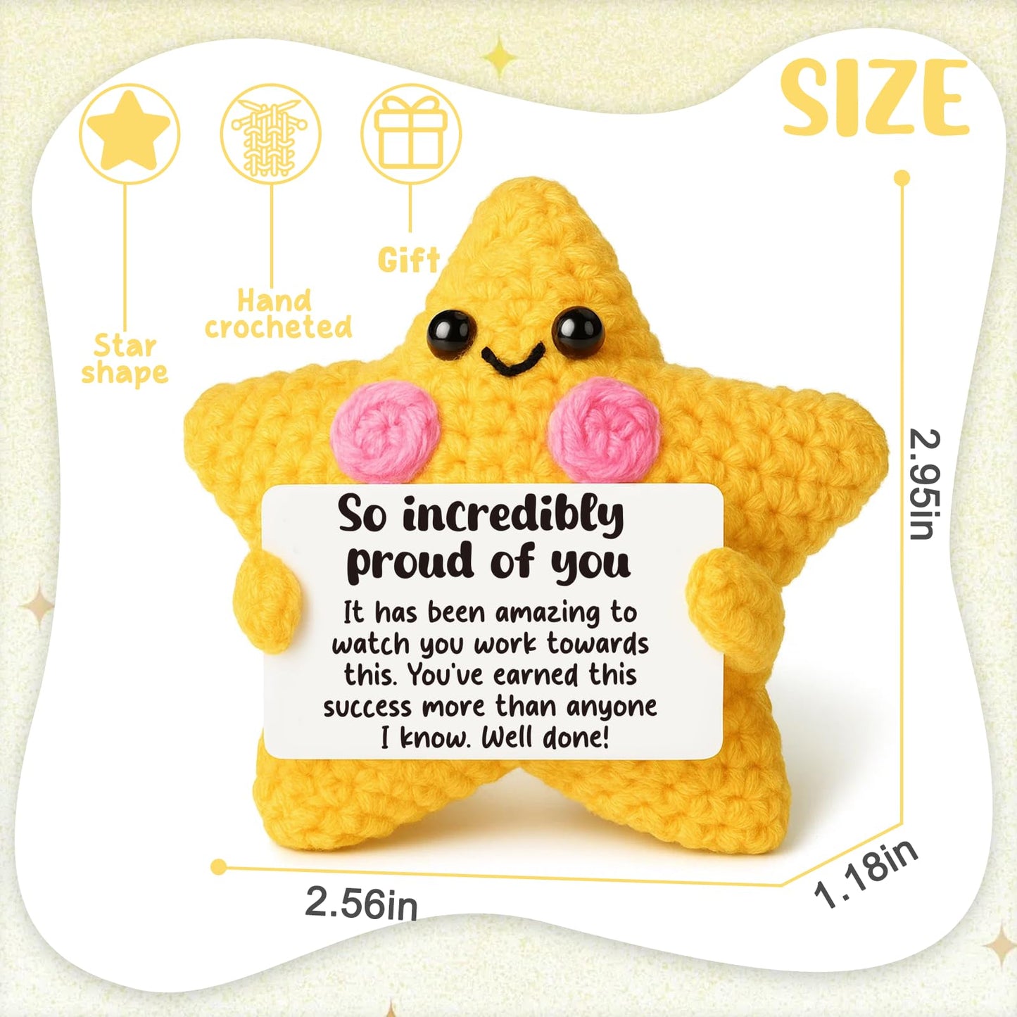Congratulations Gift for Men Women - Crocheted Star with Motivational Message - Proud of You, Graduation, New Job, Promotion Gift for Son Daughter Friend - Unique Encouragement Keepsake & Desk Decor