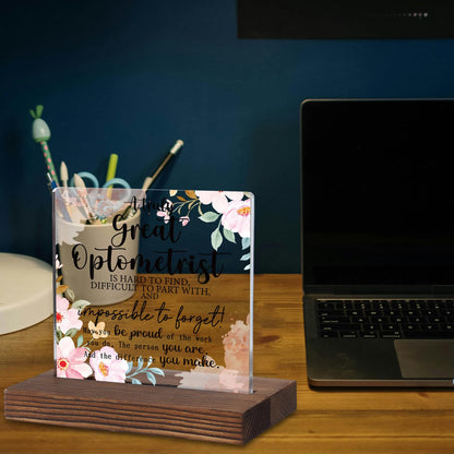 Optometrist Appreciation Gift, Floral Acrylic Desk Sign with Inspirational Thank You Quote, Rustic Wood Base Decor for Eye Doctor Graduation, Retirement or Office Display KAC205