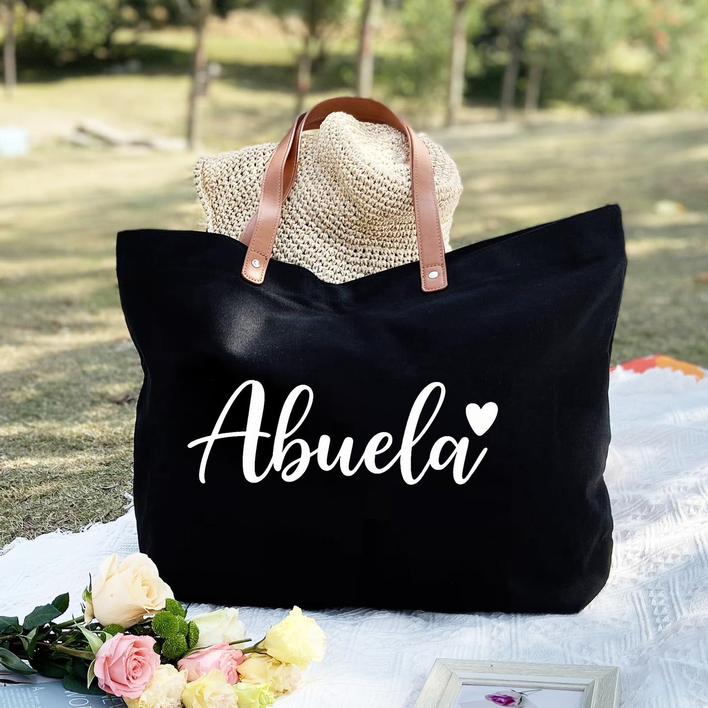 Lamyba Mothers Day Gifts for Gigi Nana Mimi, Grandma Tote Bag with Makeup Bag, Black