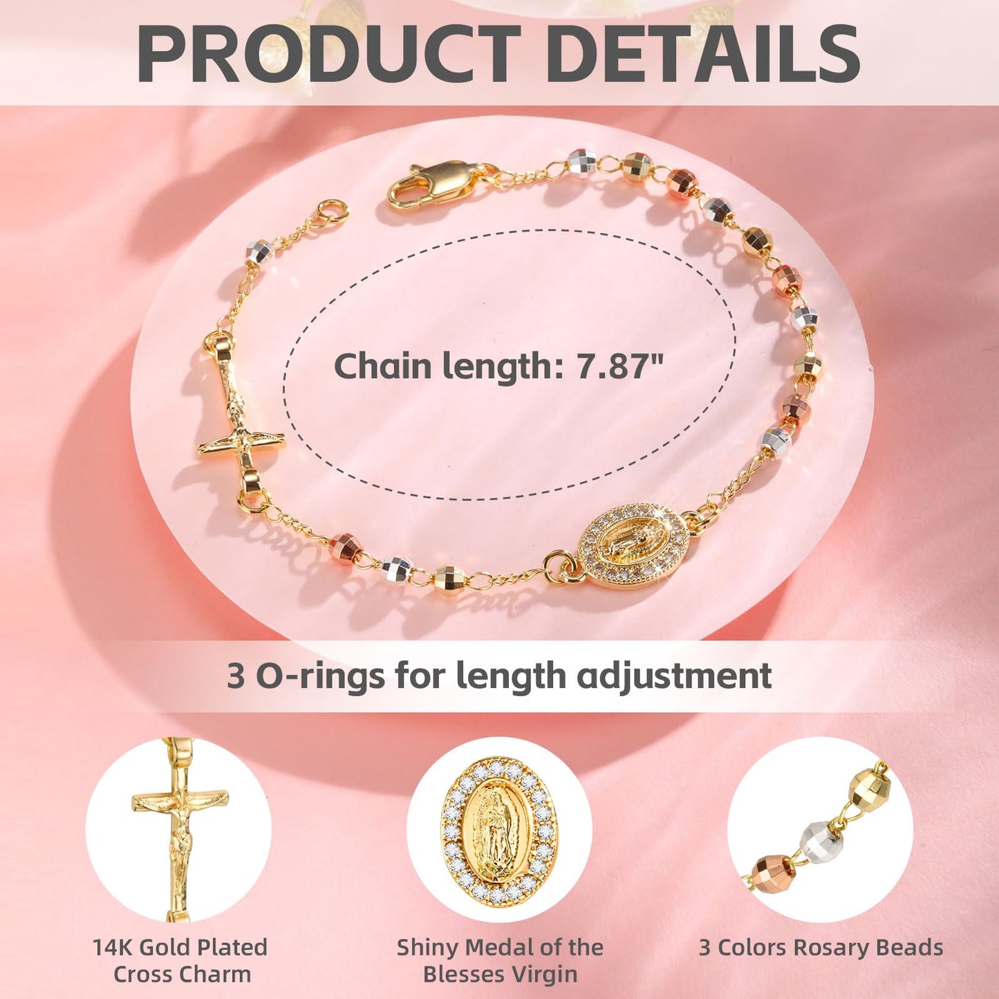 Catholic Crucifix Gifts Rosary Bracelet for Women-14K gold plated Virgin Mary Jesus Cross Charm Link Chain, Dainty Virgen de Guadalupe Religious Gift for Confirmation Baptism First Communion Easter