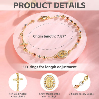 Catholic Crucifix Gifts Rosary Bracelet for Women-14K gold plated Virgin Mary Jesus Cross Charm Link Chain, Dainty Virgen de Guadalupe Religious Gift for Confirmation Baptism First Communion Easter