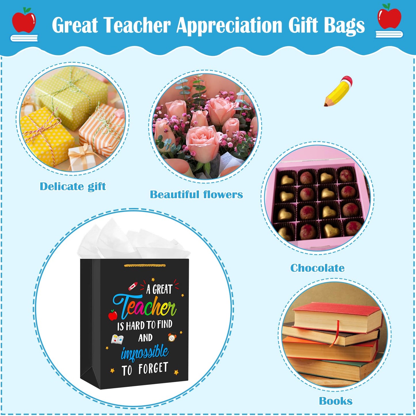 D24TIME Teacher Appreciation Gift Bags with Tissue Paper Black Teacher Gift Bag with Handle End of Year Teacher Retirement Gift Teachers Appreciation Day Graduation Teacher Gift Wrap Bags from Student
