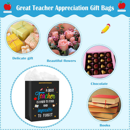 D24TIME Teacher Appreciation Gift Bags with Tissue Paper Black Teacher Gift Bag with Handle End of Year Teacher Retirement Gift Teachers Appreciation Day Graduation Teacher Gift Wrap Bags from Student