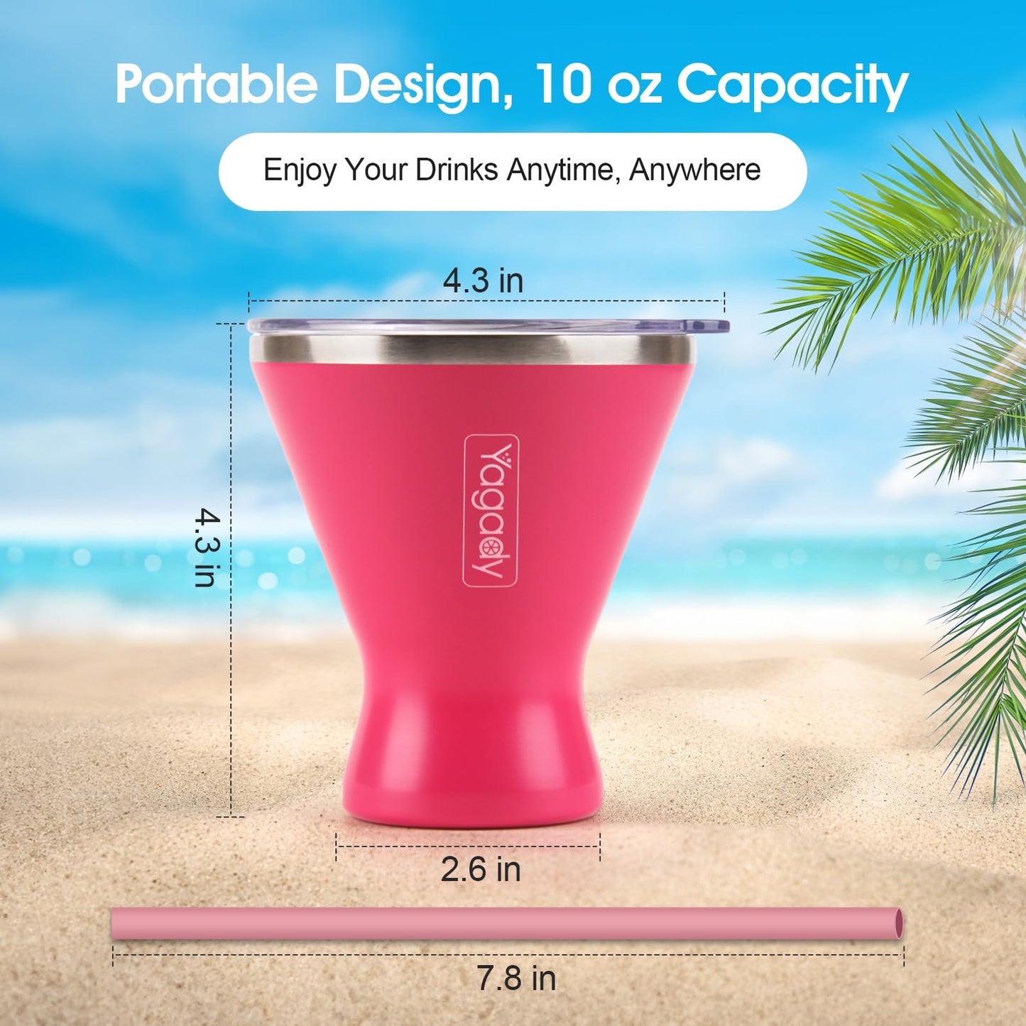 Stainless Steel Martini Tumbler with Lid & Cuttable Silicone Straw - 10oz Vacuum Sealed Insulated Martini Glass - Elegant Design Margarita Glass for Perfectly Chilled Drinks (Red)