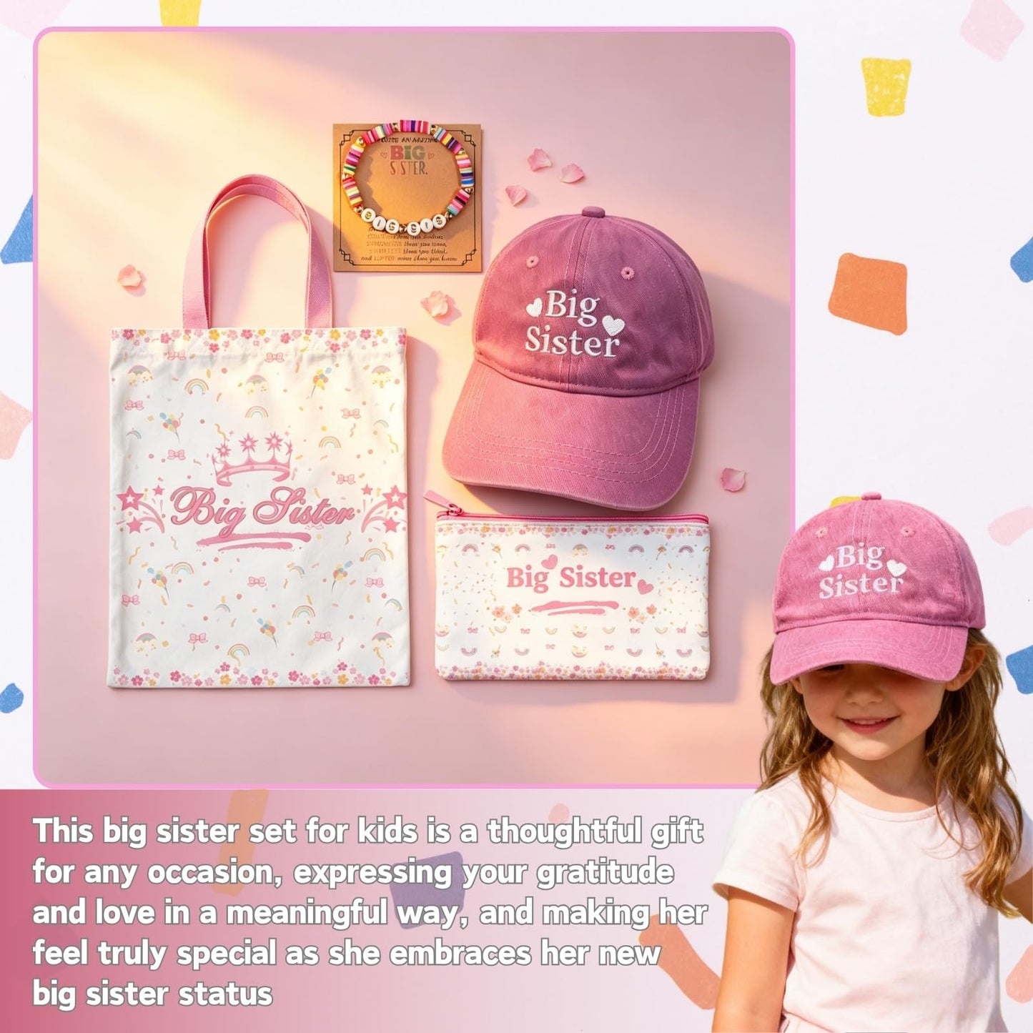 4pcs Big Sister Gifts Set with Embroidered Baseball Caps, Bag, Pen Pouch & Bracelet for Announcement Gift