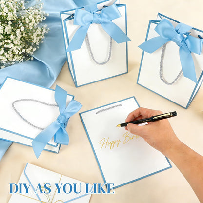 Ethhqu 12 Pack Small Gift Bags with Handles Include Tissue Papers & Cards, 9x7x3.15'' Thank You Gift Bags for Birthday, Baby Shower, Wedding, Bridesmaids, Anniversary, Mother’s Day (White and Blue)
