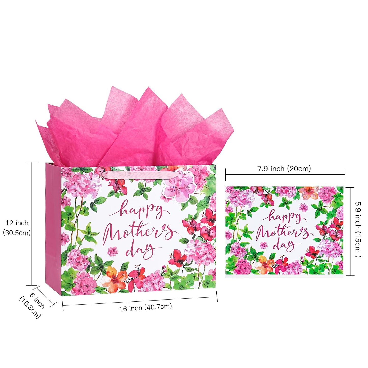 LeZakaa 13" Mother's Day Bag, Pink Floral Happy Mother's Day Bag with Greeting Card Tag & Tissue Paper, Elegant Flower Design Gift Bag for Mom Wife Grandma, 13" x 10" x 5", 1 Pc