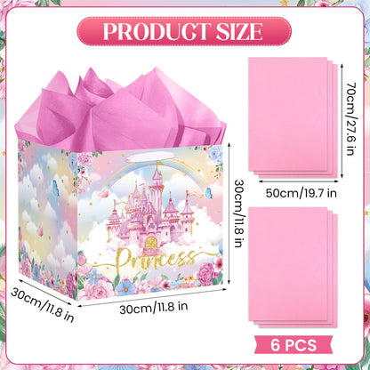 Extra Large Princess Gift Bag for Girls, Pink Castle Party Favors Bag with 6Pcs Tissue Paper Jumbo Flower Floral Gifts Bag with Handles Princess Wrapping Paper Bags for Birthday, Wedding, Baby Shower