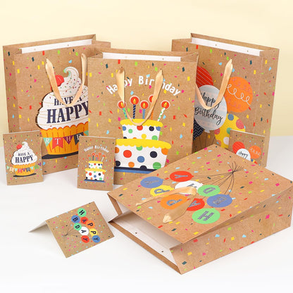 Dimetey 4pcs 13'' Happy Gift Bags in 4 Designs, Includes Greeting Cards, Large Paper Bags with Handles, Ideal for Kids, Adults Birthdays