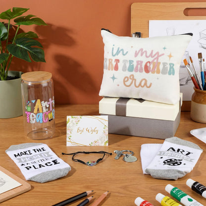 Remerry 7 Pcs Art Teacher Appreciation Gifts Include 16 oz Glass Cup Cosmetic Bag Socks Keychain Bracelet Card and Gift Box Ideas Thank You Basket for Art Teacher from Students