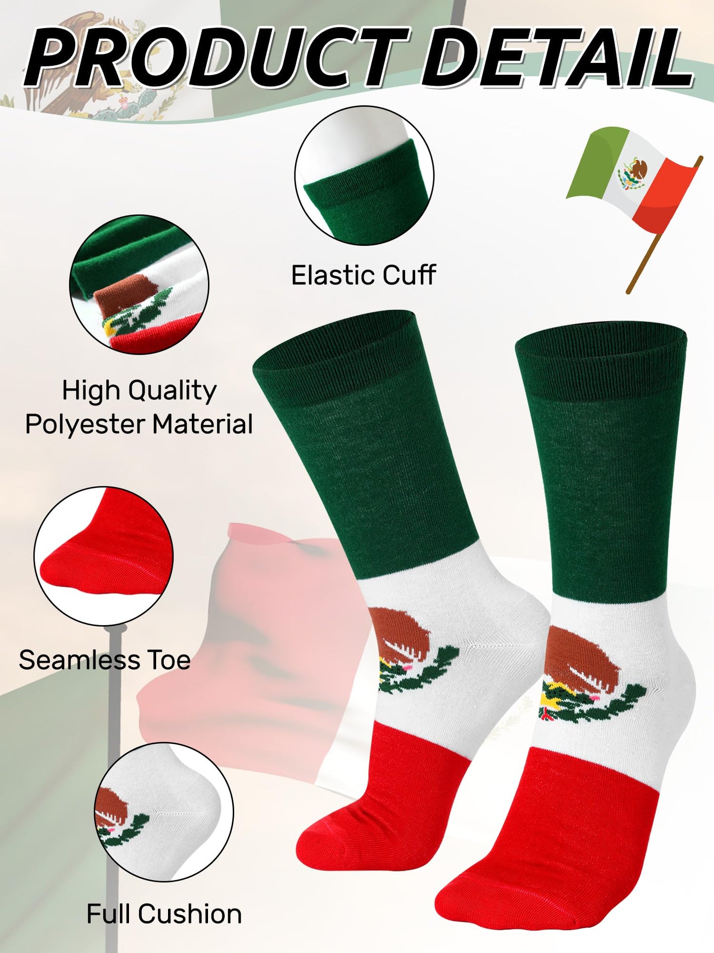Cutecrop 4 Pairs Mexican Flag Crew Socks Novelty Mexican Gifts and Souvenirs Funny Dress Socks for Men Women