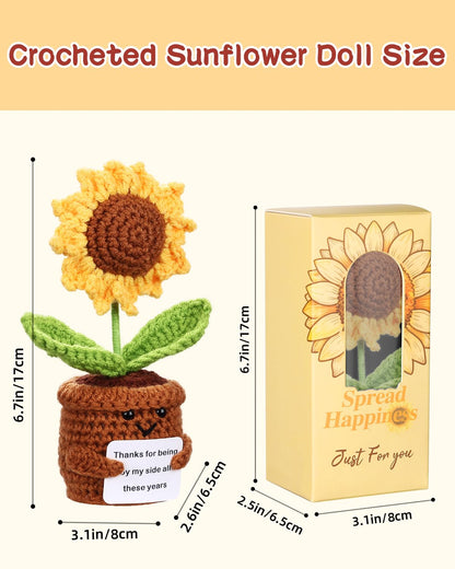1pcs Knitted Flowers Sunflower Gifts for Women Handmade Knitted Planters with Card Crochet Gifts Birthday Gifts for Women Mom Family Friend Teacher Coworker Xmas Party（Thank）
