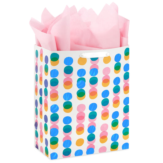 Hallmark 13" Large Gift Bag with Pink Tissue Paper (Pink, Yellow, Foil Blue Dots) for Valentine's Day, Birthdays, Mother's Day, Easter