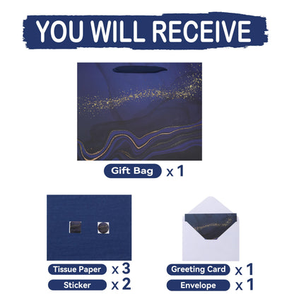 13'' Large Blue Marble Gift Bag Set with Handles, Greeting Card, Tissue Papers and Stickers for Men Boys Kids for Birthdays, Fathers Day, Graduations, Christmas, Baby Showers, Marble Design, 1 Pcs
