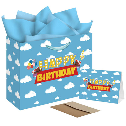 Blue Sky White Clouds Gift Bag - Extra Large Happy Birthday Bags with Card & Tissue Paper - Cheerful Cartoon Story Design for Kids Parties, Baby Showers & Celebrations