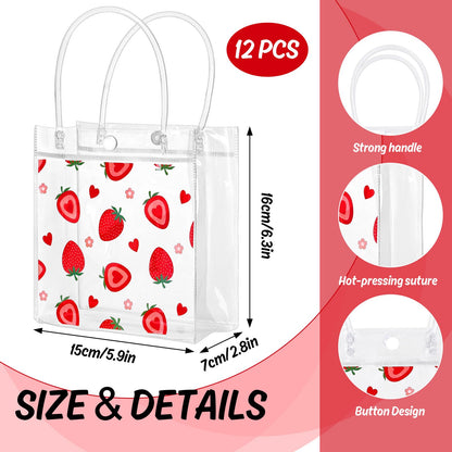 Whaline Strawberry Clear PVC Gift Bags Cute Fruit Party Favor Bags with Handles Red Heart Strawberry Flower Treat Tote Candy Bag for Spring Summer Wedding Birthday Baby Shower Party Supplies, 12Pcs