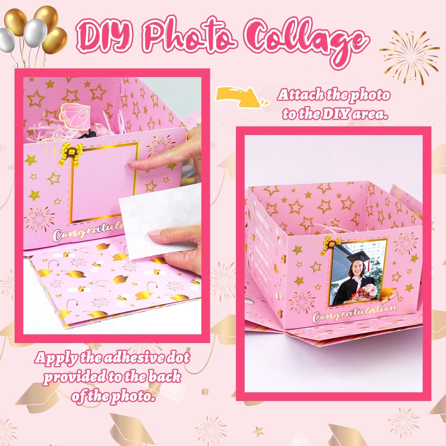 Graduation Gift Boxes 2026, Surprise Gift Box Explosion with 8 Pcs Flying Butterfly Photo DIY, Graduation Box 2026 Exploding Gift Box for High School College Graduate Party Decoration (Pink & Glod )