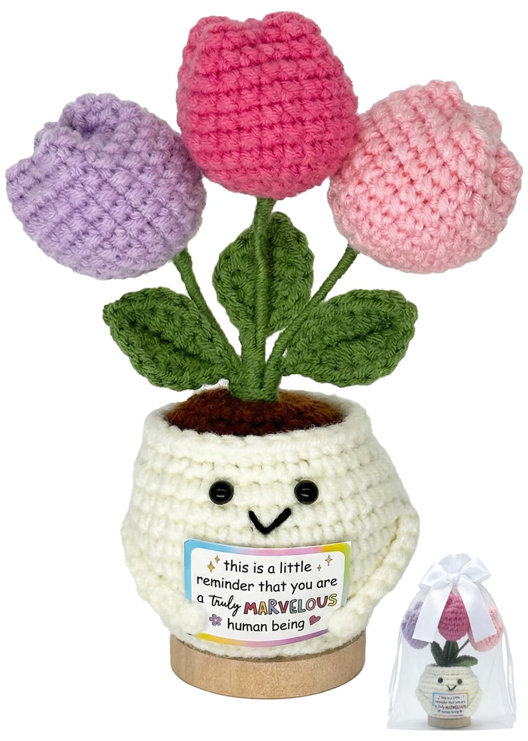 Handmade Crochet Tulip Doll, Positive Crochet Flowers, Perfect Teacher,Mothers Day, Birthday, Friendship Gifts for Women, Appreciation Gifts for Coworkers & Besties