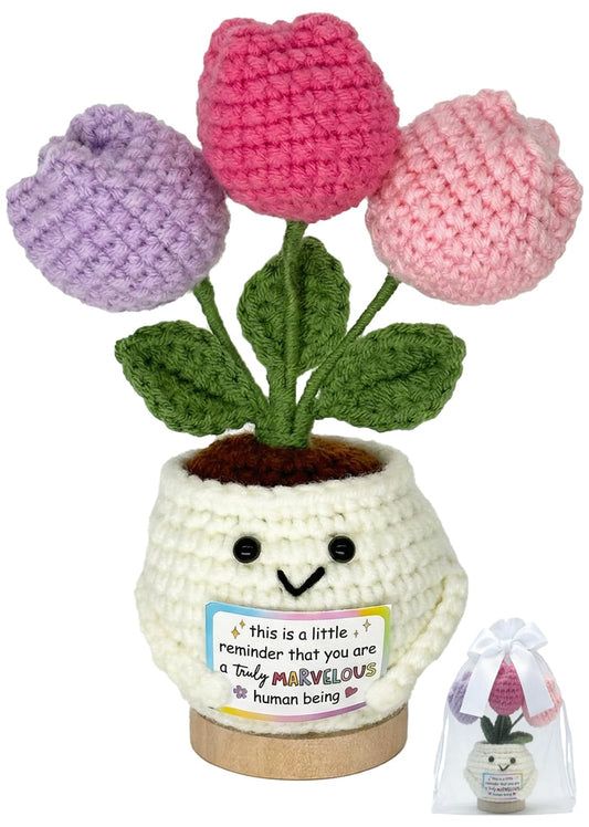 Handmade Crochet Tulip Doll, Positive Crochet Flowers, Perfect Teacher,Mothers Day, Birthday, Friendship Gifts for Women, Appreciation Gifts for Coworkers & Besties