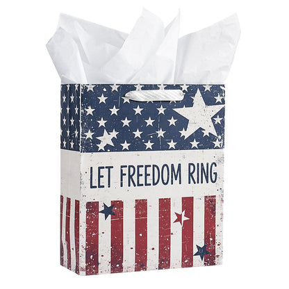 LeZakaa 13" Patriotic Gift Bag with Tissue Paper, Let Freedom Ring American Flag Gift Bag for 4th of July Independence Day Party Gifts, Memorial Day, 13" x 10" x 5", 1 Pc