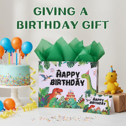Lednica Dinosaur Happy Birthday Gift Bag with Tissue Paper, Envelop and Greeting Card, T-Rex Paper Gift Bags for Kids Boys Girls, Green Dino Party Favors Supplies, 11.8"x9.5"x5.3"