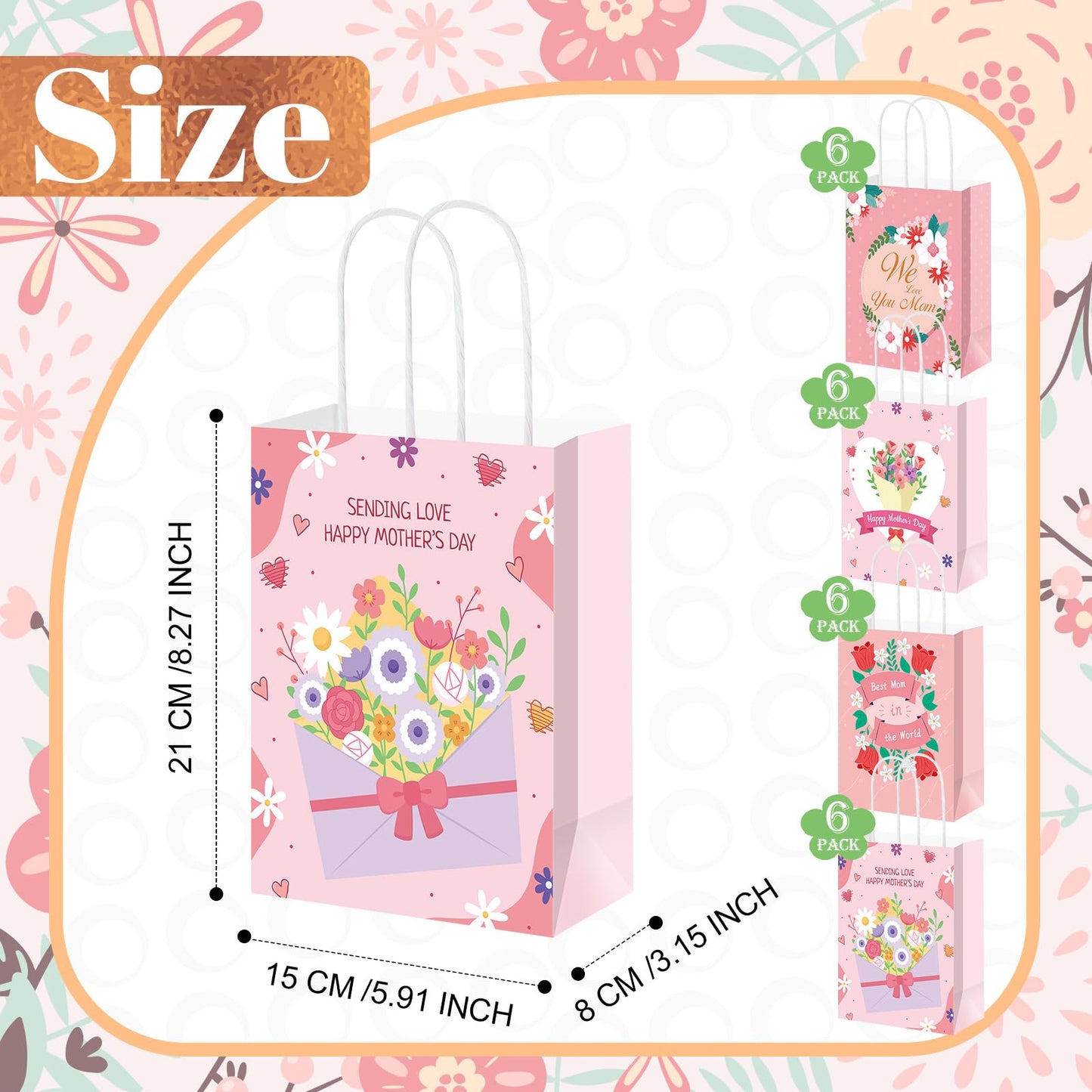 Yeaqee 100 Pcs Mother's Day Pape Gift Bags with Handles Pink Floral Treat Bags Bulk for Mother's Day Party Favors Decorations