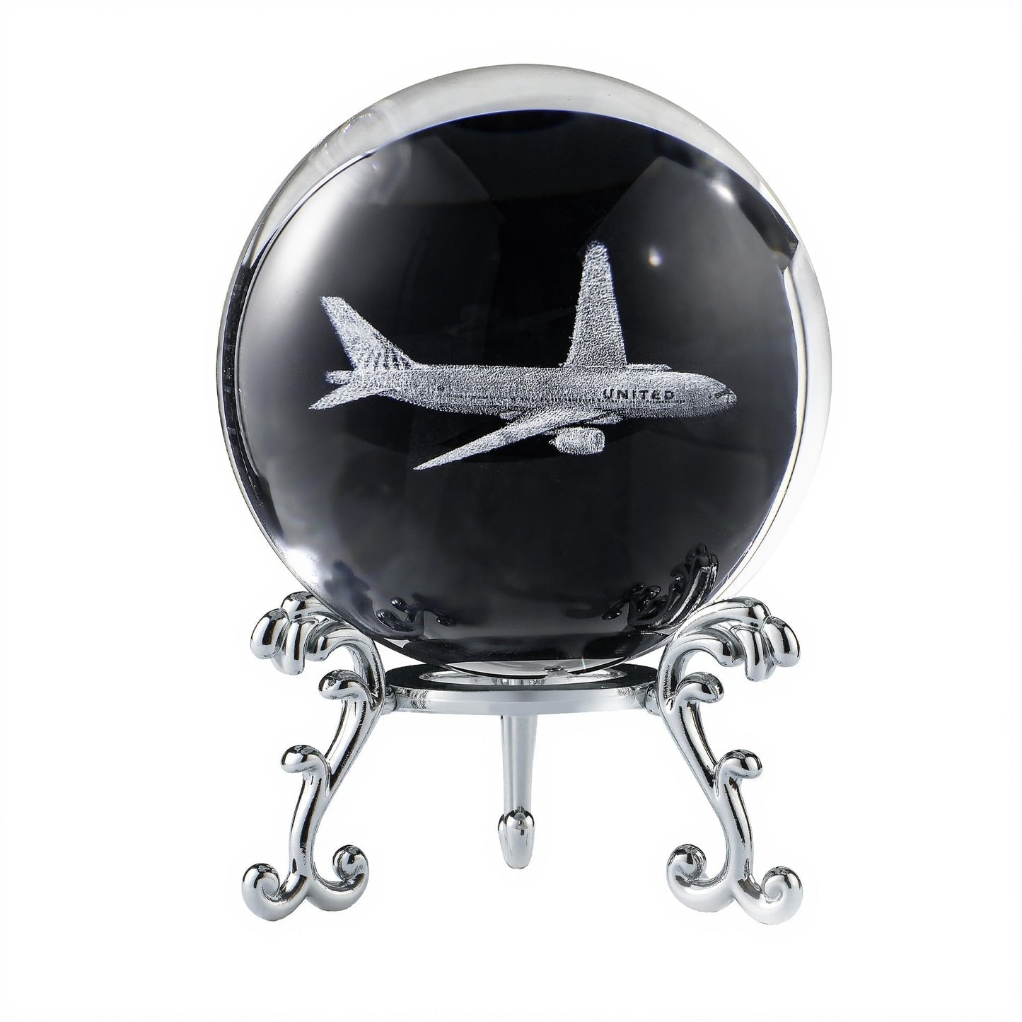 HDCRYSTALGIFTS 60mm 3D Lase Engraved Airplane Crystal Ball with Stand Glass Sphere Plane Paperweight Decor Pilot Gifts for Men Women