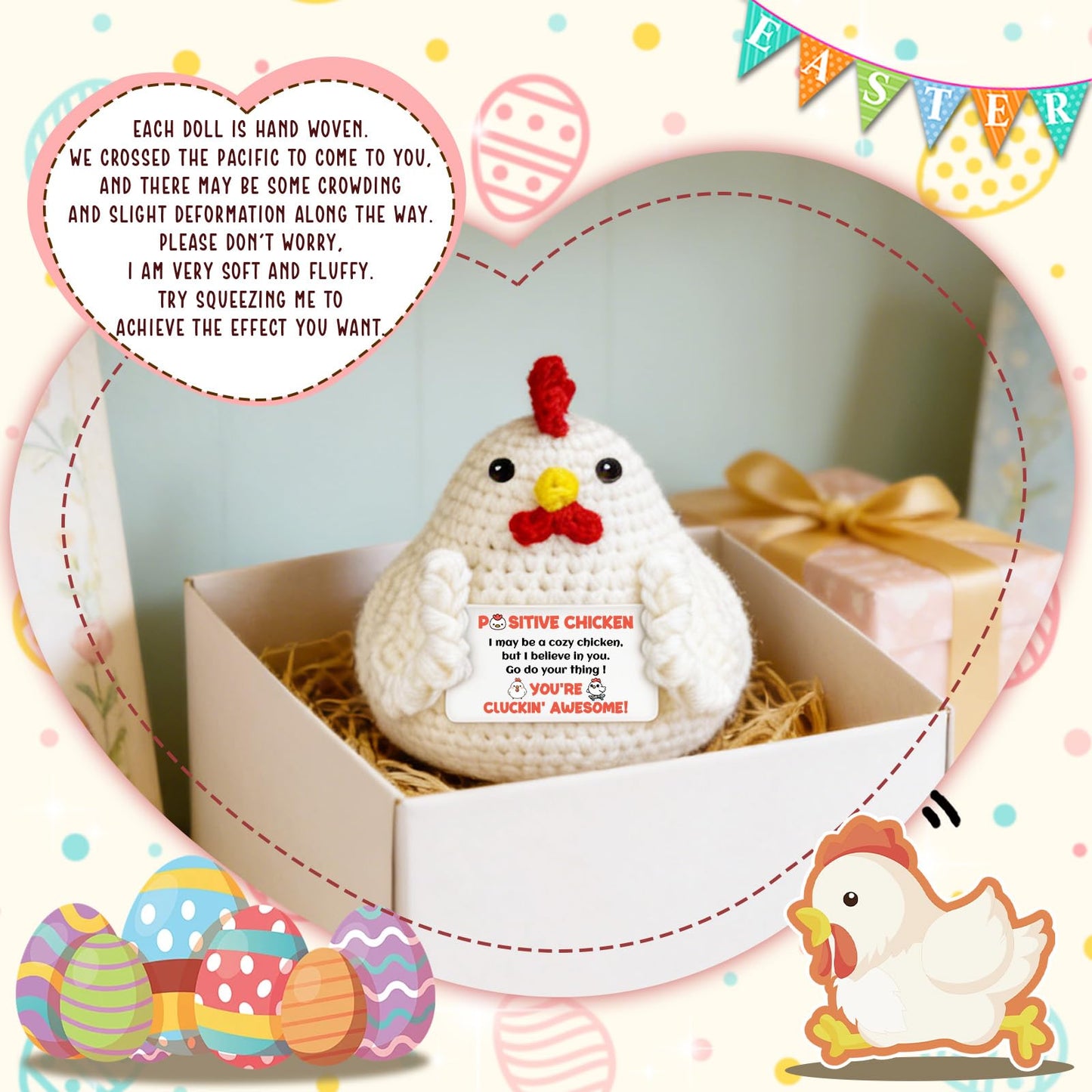 Chicken Gifts for Women, Emotional Support Crochet Chicken with Positive Card, Funny Chickens Lover Gifts, Chicken Stuffed Animal for Chicken Moms Friends Coworkers