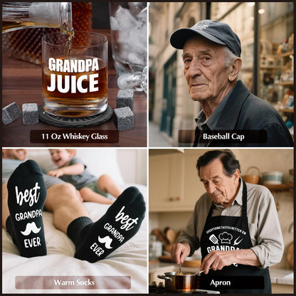 14 Pcs Grandpa Gifts, Best Granddad Ever Gift with 11 Oz Grandpa Juice Whiskey Glass 4 Whiskey Stones Coaster Apron Hat Sock Tape Measure Keychain, Birthday Father's Day Christmas Gift for Grandfather