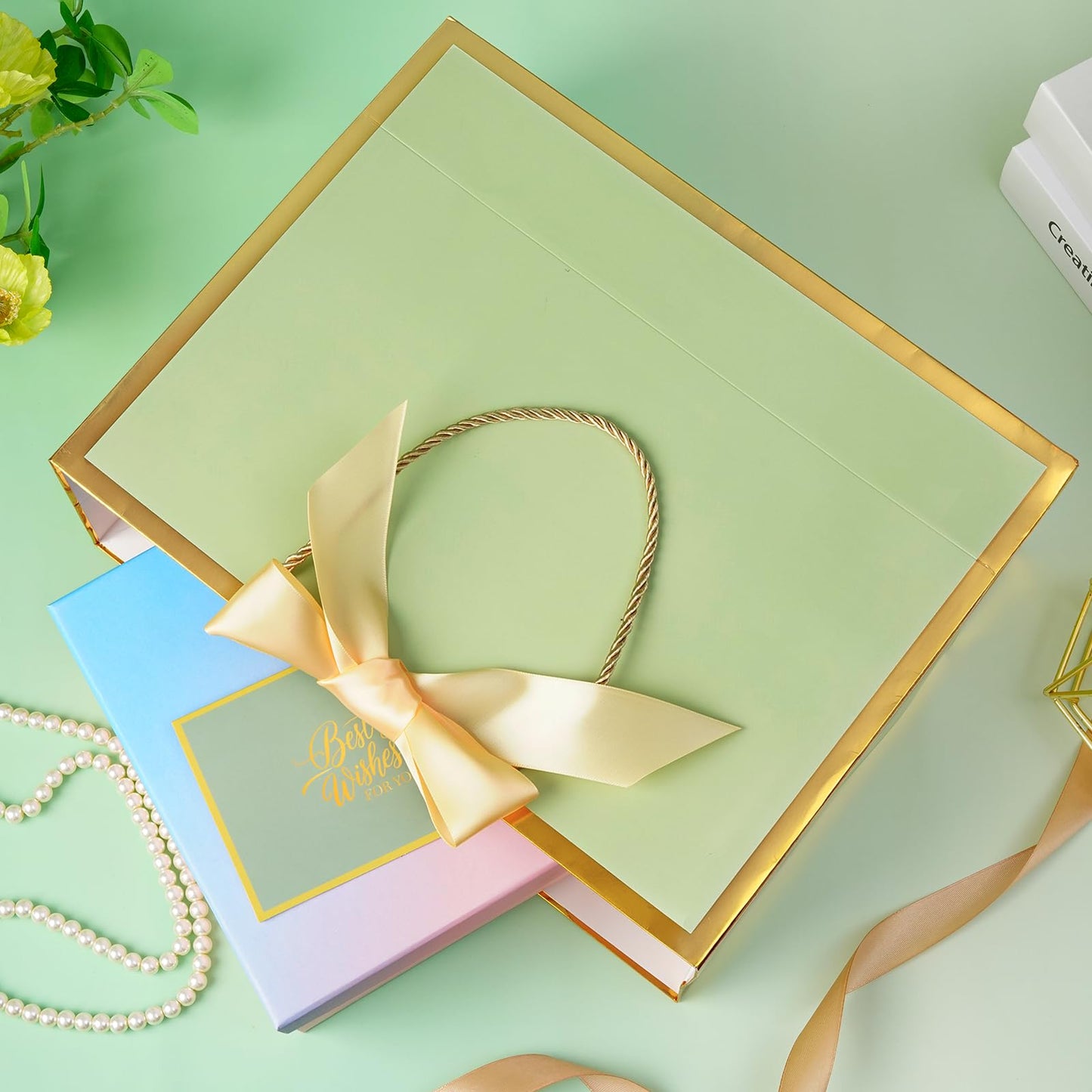 Plauthus Sage Green Gift Bag with Ribbon, 13" Large Gift Bag with Handle, Greeting Card & 2 Tissue Paper（Gold Foil Frame） for Baby, Baby Shower, Weddings, Bridal Showers, Engagements, Any Occasion