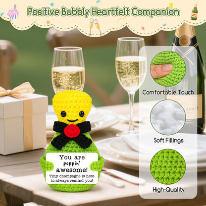 BiuNiuring Positive Handmade Crochet Champagne Birthday Gifts for Women Men, Mini Funny for Him Her,Inspirational Cute Small Stuff for Grandma Mom Dad Son Daughter Sister Friends Coworkers