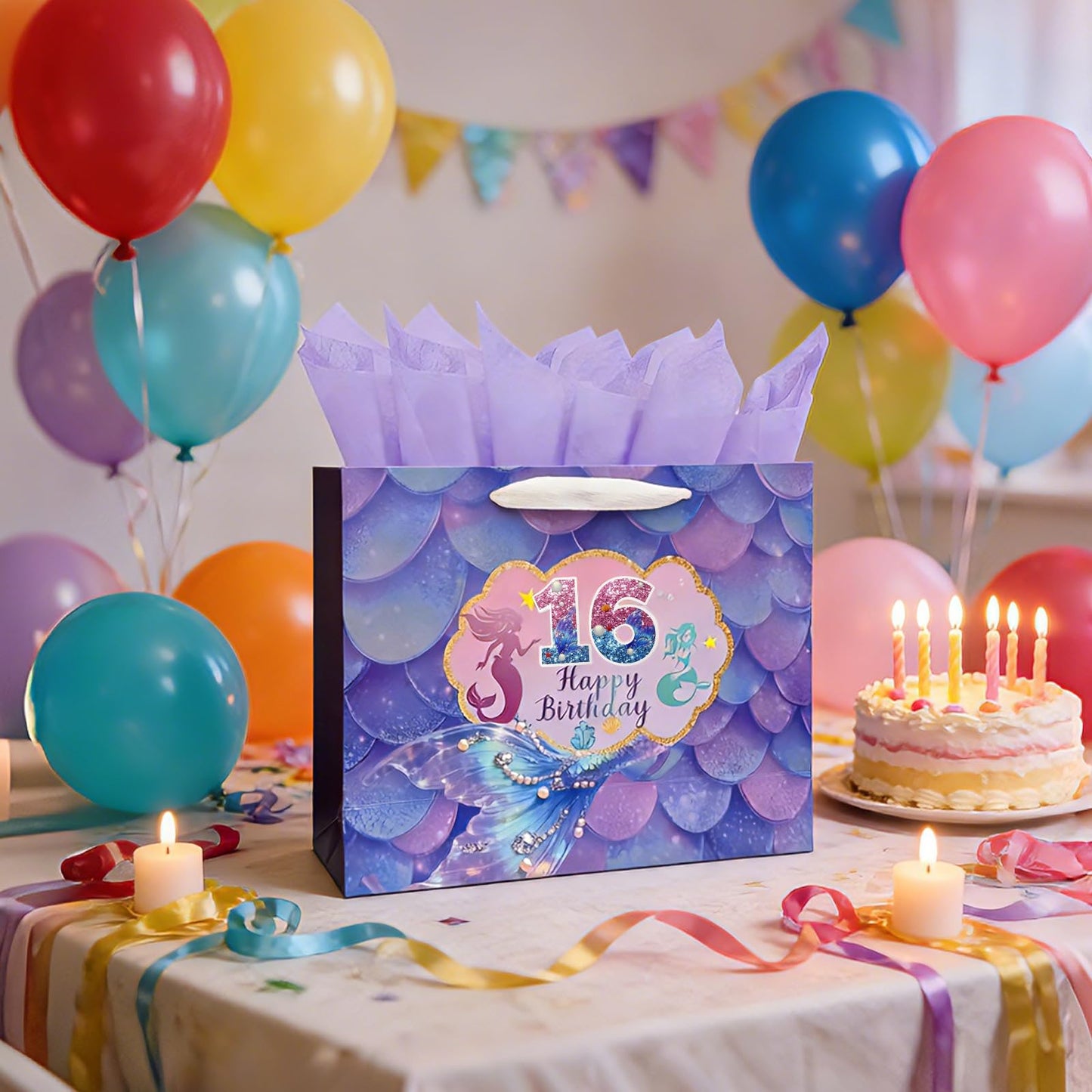 Fieoriia Birthday Gift Bags | Mermaid-themed gift bags with handles; includes cards, tissue paper, face decorations, and stickers. Suitable party supplies for women and girls aged 1-100. 1 pack