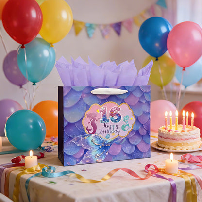 Fieoriia Birthday Gift Bags | Mermaid-themed gift bags with handles; includes cards, tissue paper, face decorations, and stickers. Suitable party supplies for women and girls aged 1-100. 1 pack