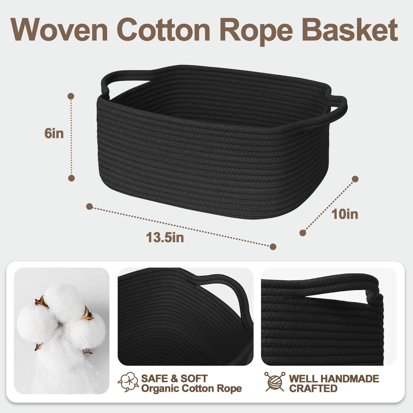 Black Basket for Gifts, Woven Gift Baskets Empty, Cotton Rope Storage Bin for Organizing, Cute Cat Dog Kids Toy Box, Decorative Baby Nursery Closet Organizer, Wicker Easter Basket with Handle