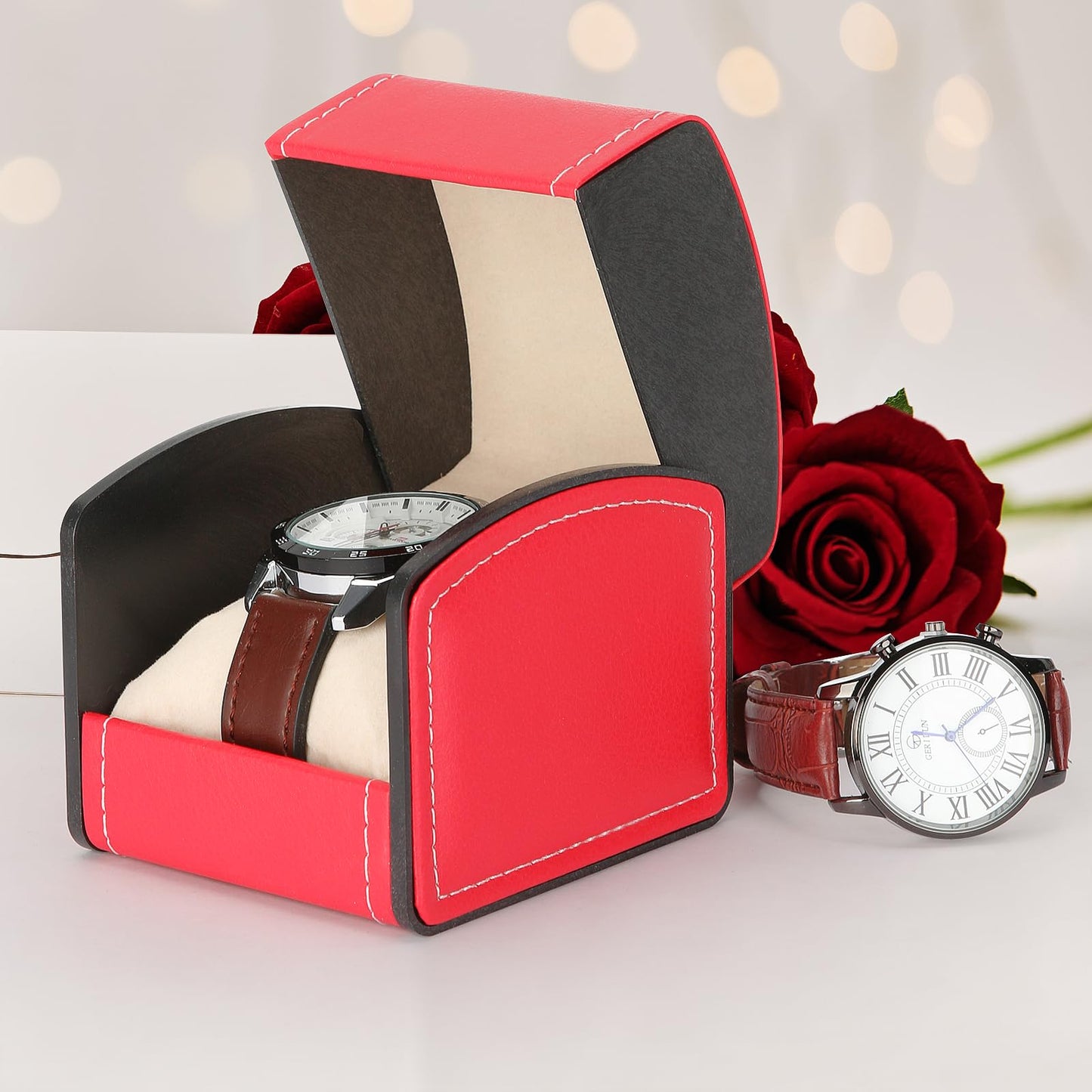 Luxury Single Watch Gift Box with Removable Pillow, PU Leather Single Watch Case Wristwatch Jewelry Storage Display Holder Cases for Men and Women (Red)