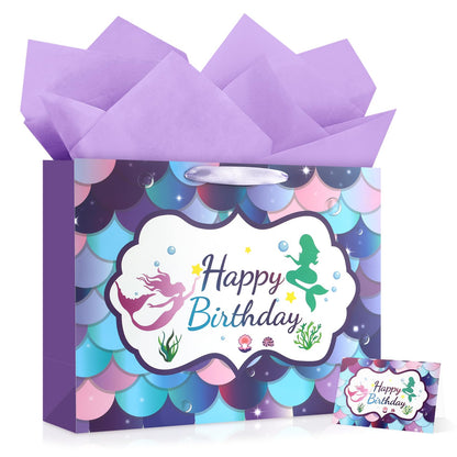 JMANNI Large Happy Birthday Gift Bag with Tissue Papers and Greeting Card,Portable Paper Mermaid Gift Bags with Handles,Purple Present Bags for Women Girls Birthday Party Supplies13 x 10.2" x4.7"