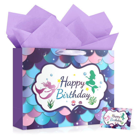 JMANNI Large Happy Birthday Gift Bag with Tissue Papers and Greeting Card,Portable Paper Mermaid Gift Bags with Handles,Purple Present Bags for Women Girls Birthday Party Supplies13 x 10.2" x4.7"