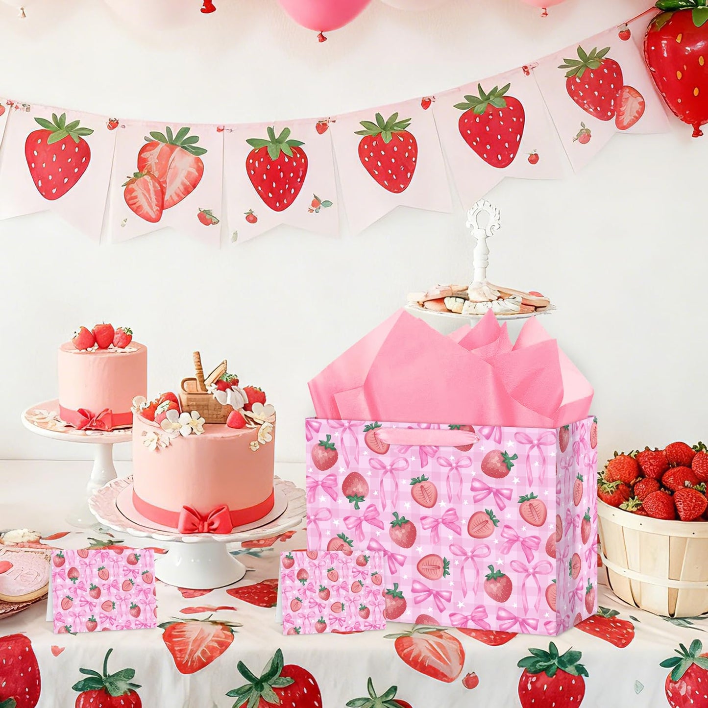 Hooqict Large Strawberry Bow Gift Bag Pink Birthday Gift Wrapping Bag with Handles, Tissue Paper, Greeting Card for Girls Kids Women Sweet Strawberry Birthday Decorations Baby Shower Valentines Mothers Day