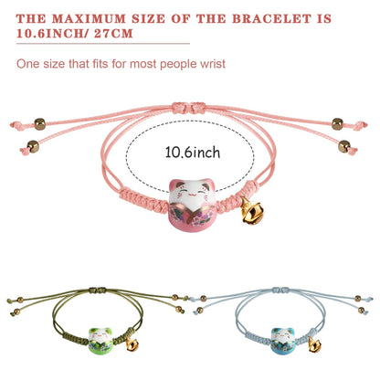 Sureio 3 Pieces Cat Maneki Neko Bracelet Cute Lucky Cat Ceramic Beads Bracelet Lucky Japanese Fortune String Hand Chain with Bell, Adjustable