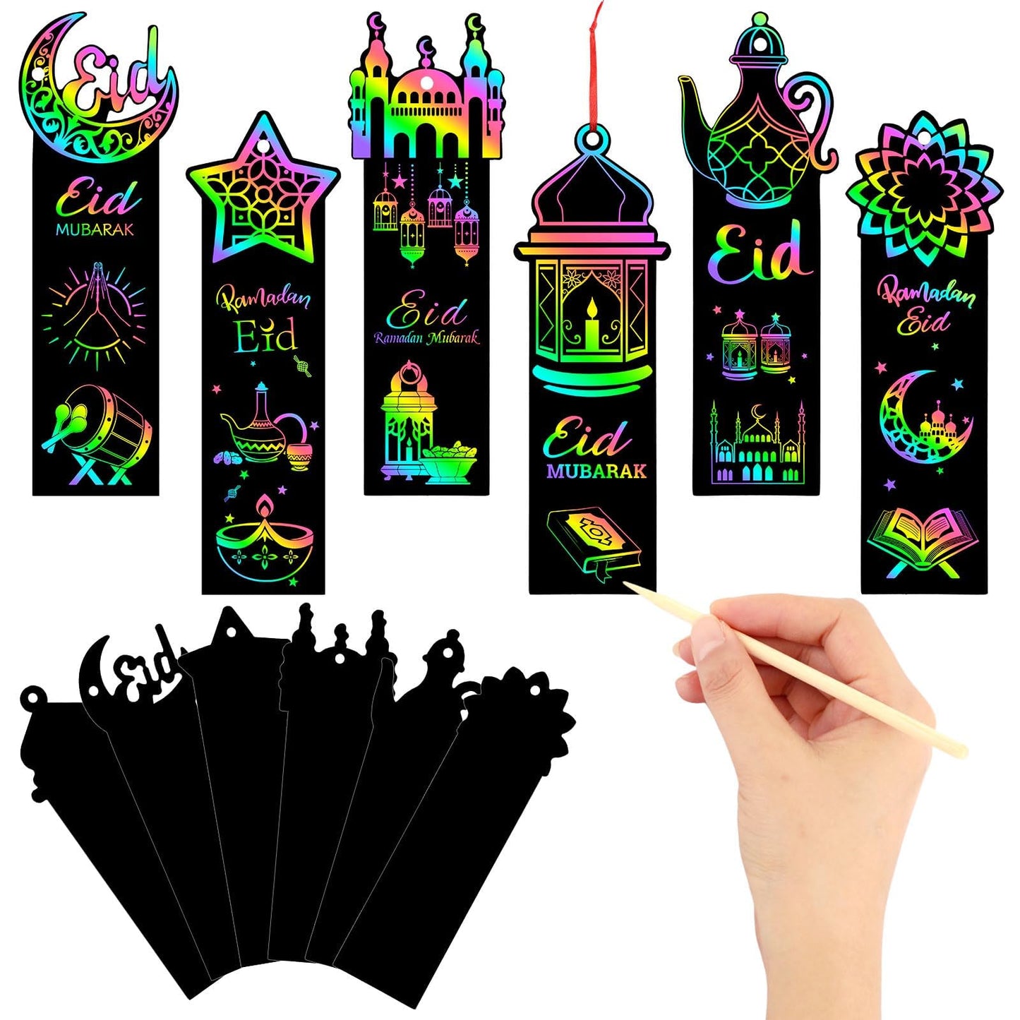 JUNEBRUSHS 30Pcs Ramadan Crafts, Rainbow Magic Ramadan Scratch Bookmarks for amadan Gifts Eid School Classroom Activities Ramadan Arts and Crafts Eid Party Favors