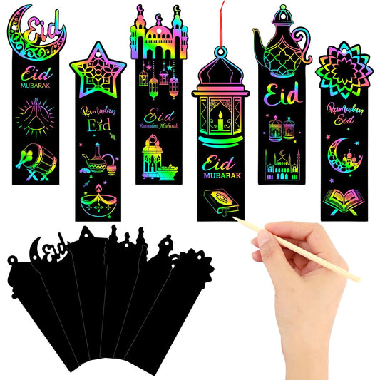 JUNEBRUSHS 30Pcs Ramadan Crafts, Rainbow Magic Ramadan Scratch Bookmarks for amadan Gifts Eid School Classroom Activities Ramadan Arts and Crafts Eid Party Favors