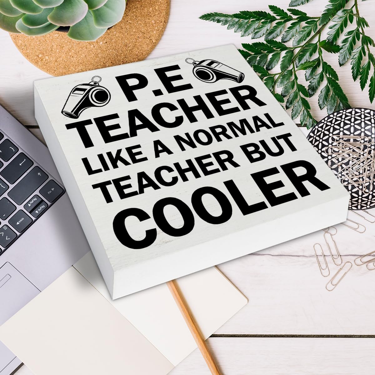 Physical Education Teacher Gifts, PE Teacher Appreciation Gifts, PE Teacher Like a Normal Teacher But Cooler Wood Sign Decoration for Home Cubicle School Office Desk Shelf Table 5 X 5 Inch