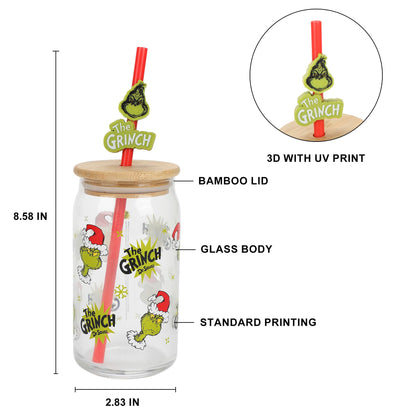 Bioworld The Grinch AOP 15 Oz. Glass Cup with Straw and Lid