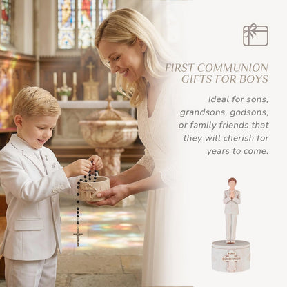 Storieme First Communion Gifts for Boys: 1st Holy Communion Decorations Keepsake Box with Rosary Cross Bracelet - Christian Religious Catholic Present for Baptism Confirmation