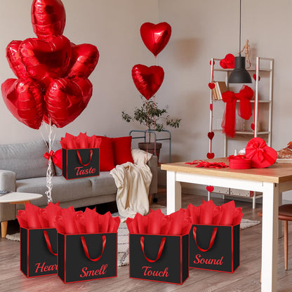 ReliThick 12 Pack Metallic Paper Gift Bag with Handles and Tissue Paper 11.8 x 10 x 4'' Thank You Favor Bag for Graduation Mother's Day Wedding Bridesmaid Groomsman 5 Senses Gifts (Black,Red)