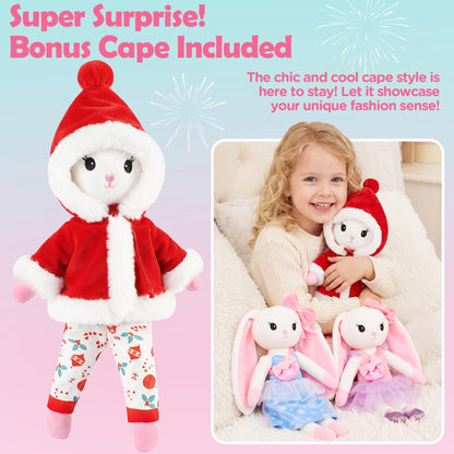 Ballerina Doll Stuffed Animals Girl Toys Age 3-8, Bunny Stuffed Animal, Ballet Dress Up Doll, Kids Pretend Play with 4 Set Clothes, Cape,Plush Bag 3 4 5 6 7 8 Year Old Girl Gifts Dance Recital Gifts