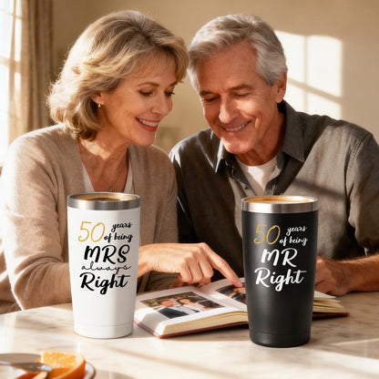 Lifecapido 50th Wedding Gifts, Couple Gifts Ideas for Parents Friends Hunsband Wife, 50th Mr Right & Mrs Always Right Tumbler Set with Lid & Straw(20oz, Black & White)