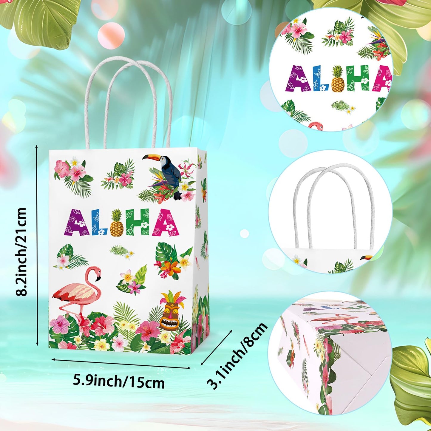 Hxezoc 12 Pieces Hawaiian Gift Bags with Handle, Paper Treat Luau Candy Bag Summer Tropical Palm Leaf Favor Bags for Hawaiian Theme Festival Luau Holiday Party Decoration Supplies