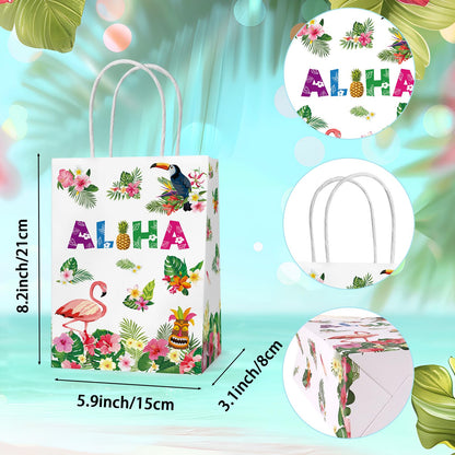 Hxezoc 12 Pieces Hawaiian Gift Bags with Handle, Paper Treat Luau Candy Bag Summer Tropical Palm Leaf Favor Bags for Hawaiian Theme Festival Luau Holiday Party Decoration Supplies